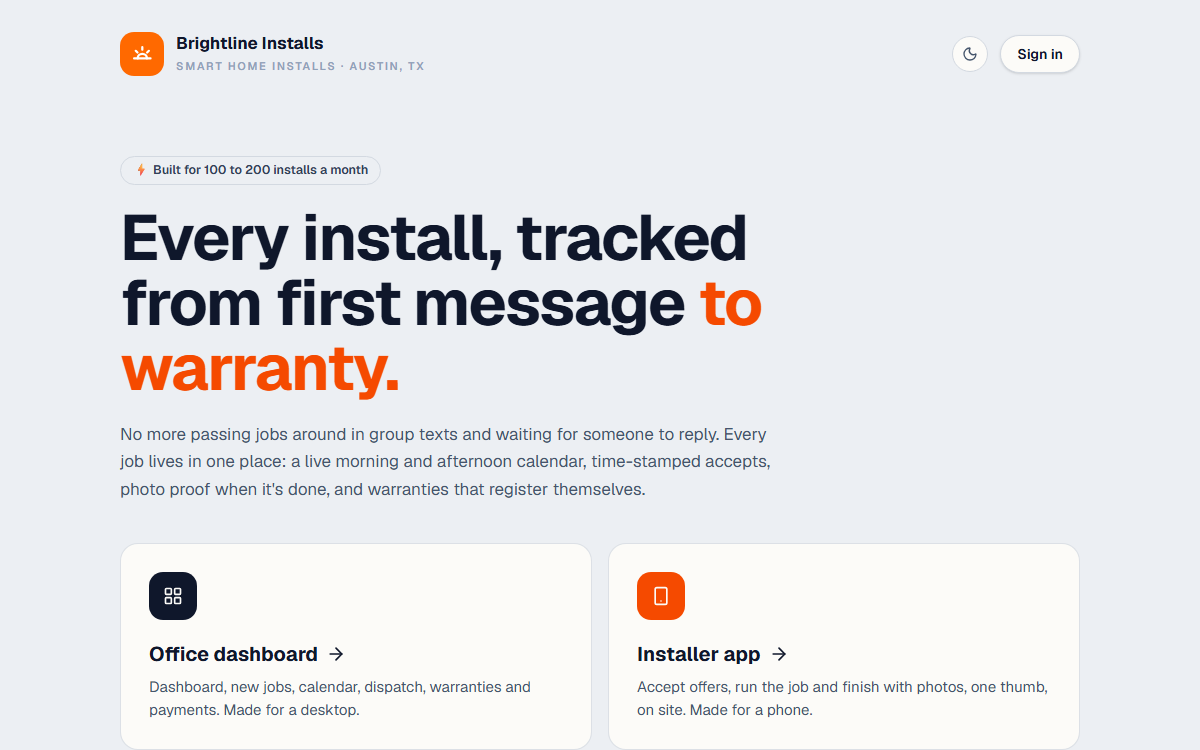 Installer Job Orders demo for Brightline Installs, a sample business