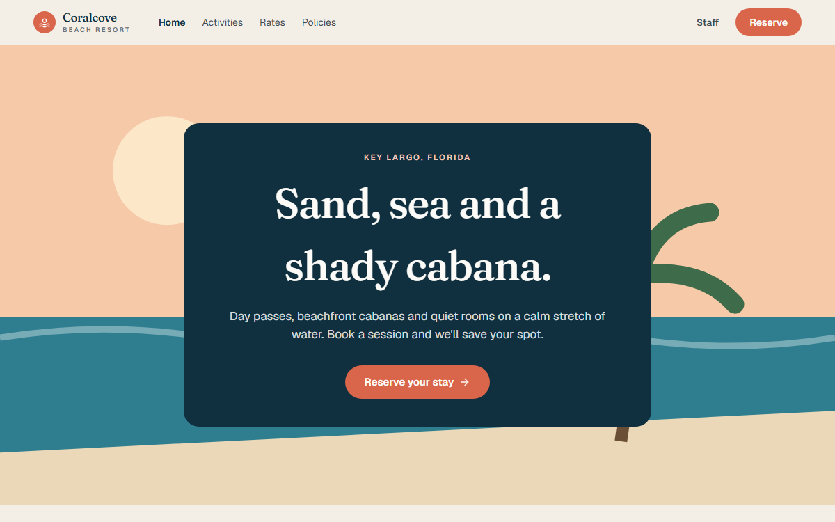 Beach Resort demo for Coralcove Beach Resort, a sample business