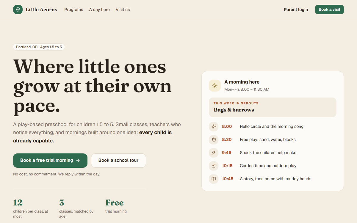 School Portal demo for Little Acorns Preschool, a sample business