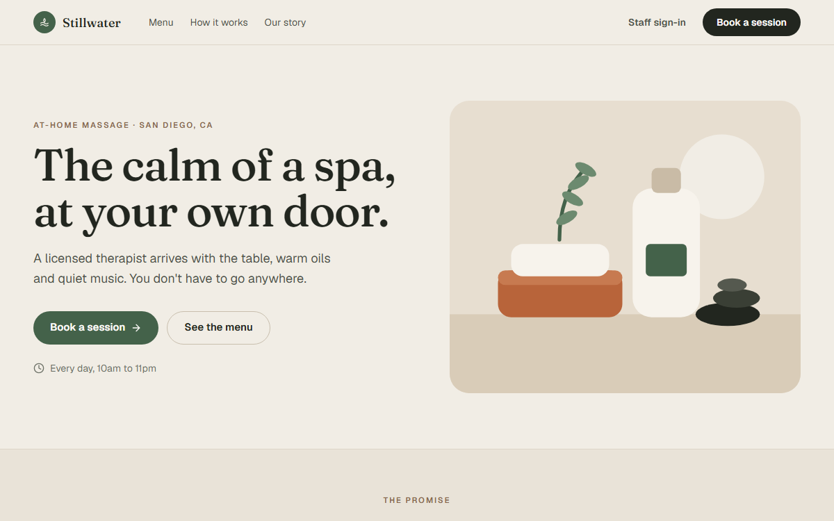 At-home Spa & Massage demo for Stillwater Spa, a sample business